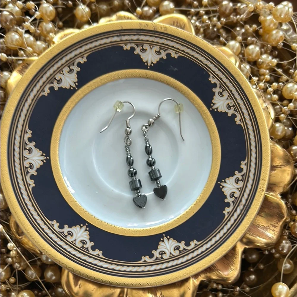 Dainty Hematite Heart Earrings